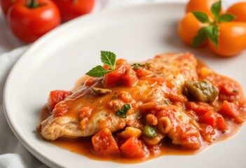 Fototapeta premium Delicious Chicken Breast in Tomato Sauce with Fresh Herbs a Gourmet Dish