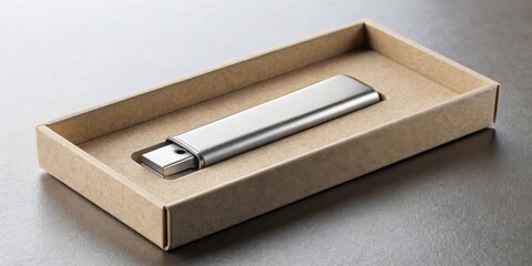 Sleek metallic flash drive nestled in a simple cardboard box, ready for gifting or presentation