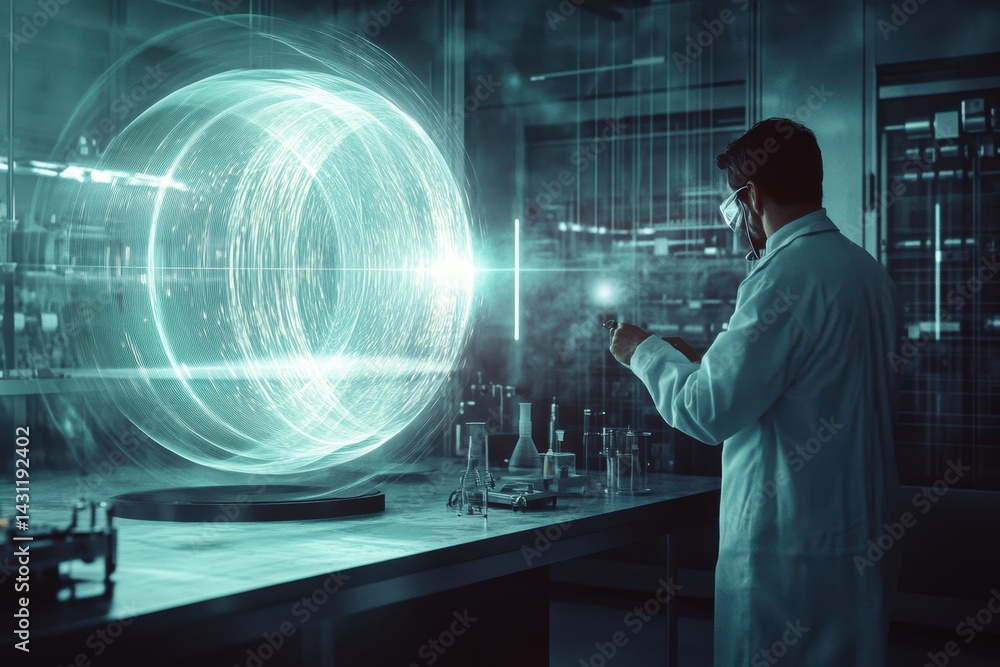 Poster scientist conducts experiment using advanced technology in a modern laboratory during nighttime