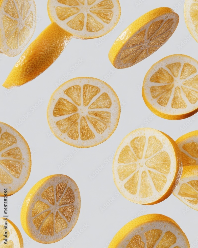 Poster fresh lemon slices floating in a clean white space creating a refreshing and bright visual experienc