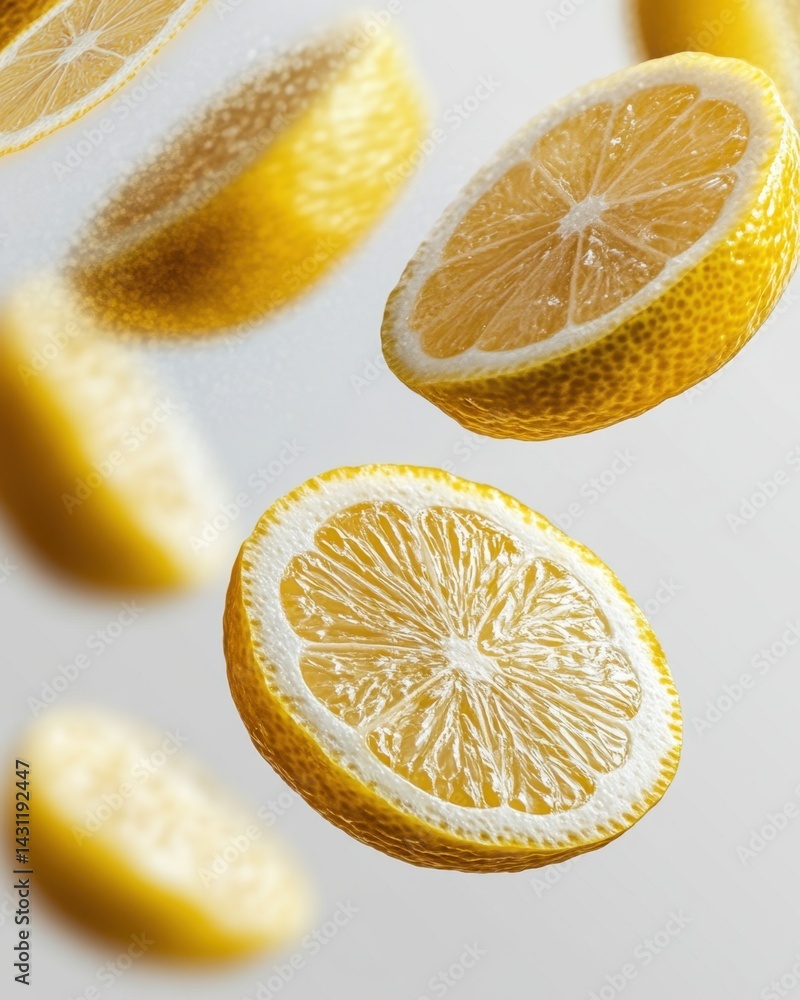 Poster sliced lemon citrus fruit floating in air with bright yellow color and refreshing texture on clean b