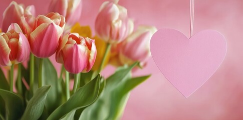 Obraz premium Spring, Mother's Day, Birthday or Valentine's Card: Tulips Bouquet with Heart Gift Tag on Pink Background 