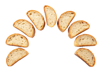 Sourdough bread slices arranged in circular pattern showcase their crusty texture and airy interior, perfect for any meal
