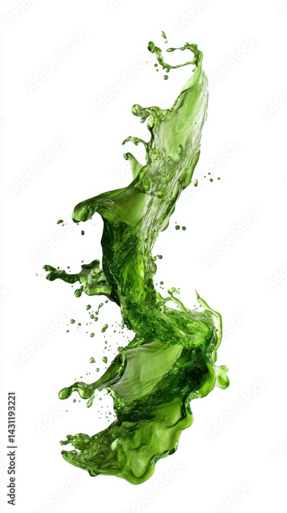 Poster dynamic splash of vibrant green liquid on a clean white background creating a refreshing and energet
