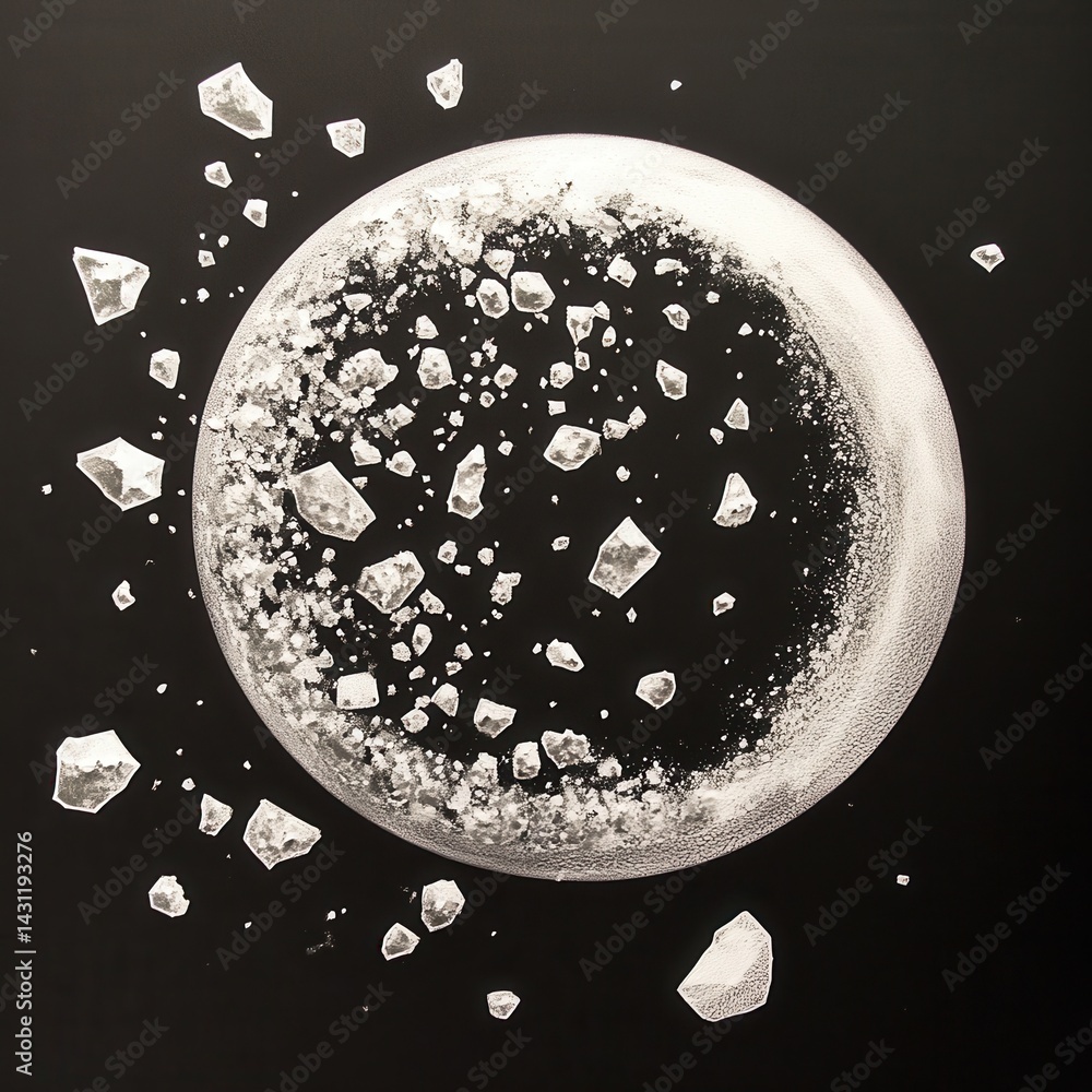 Poster abstract celestial sphere with floating ice crystals in monochrome serene and minimalist composition
