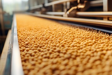 Close-up of raw soybeans flowing on the conveyor belt in a modern factory for processing and production, 