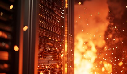 Photo of a close-up fire in a data center, with smoke and sparks flying, and a server rack in the foreground.