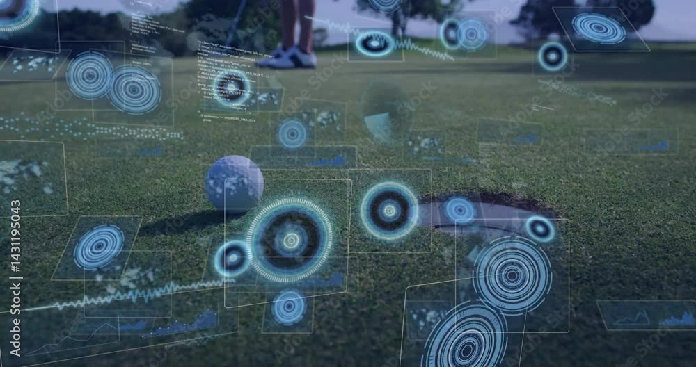 Poster male golfer lining up putt on green, technology hud displaying target circles waveform graphs data
