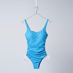 One-piece light blue swimsuit with ruched sides and adjustable drawstring ties hangs on a hanger.