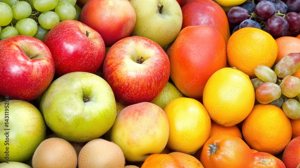 Poster vibrant assortment of fresh fruits displaying apples grapes oranges and pears in a colorful composit