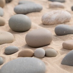 Various smooth stones scattered across a light-colored sandy surface, creating a zen-like composition.