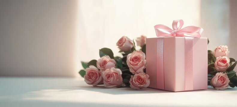 Romantic Valentine's Wedding Birthday Card: Pink Roses Bouquet & Gift Box on Table
