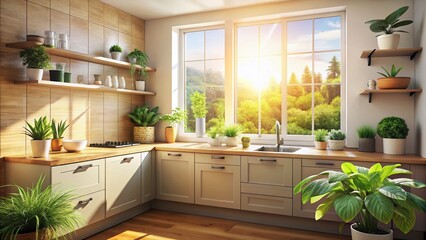Cozy Minimalist Kitchen Corner with Plants Overlooking Suburban View
