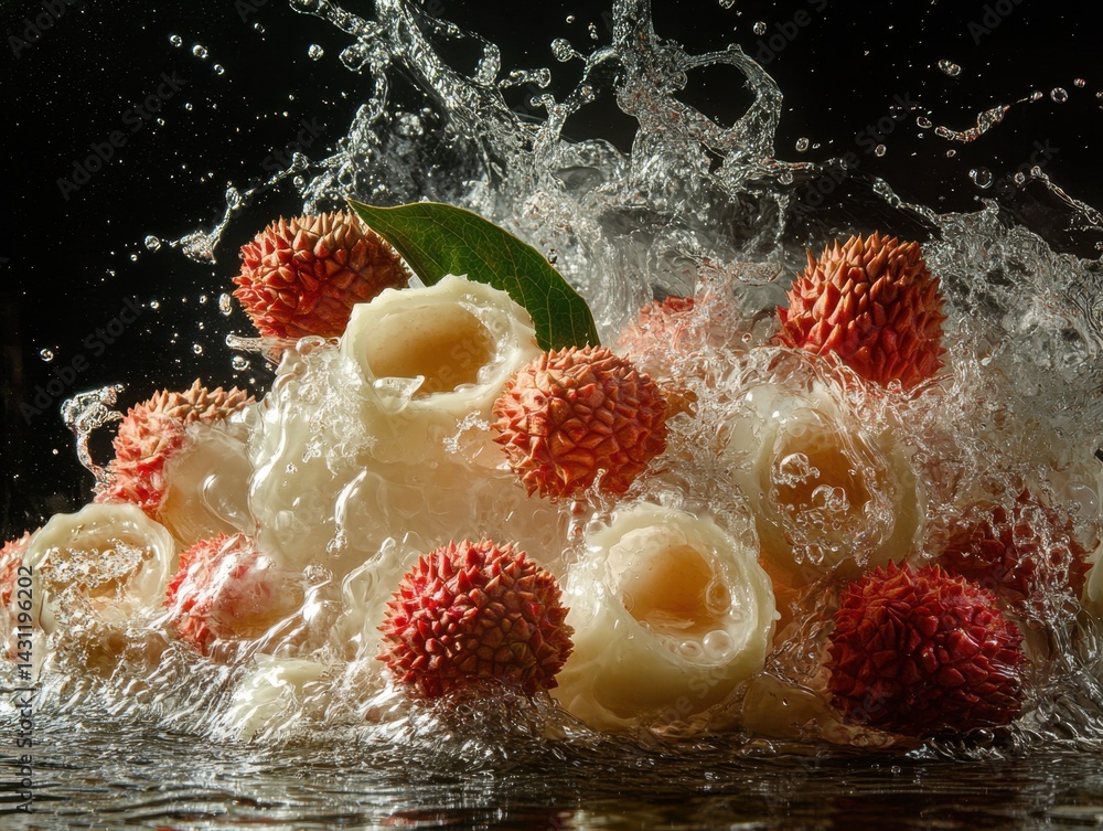 Poster lychee fruits in splashing water against black background creating dynamic and refreshing scene clos