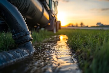 A close-up of an oil truck's tank and the hose it is connected to, on grass near a road in the summer sunset light.