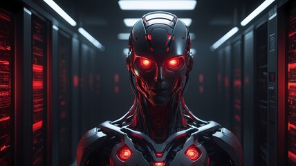 A dark, menacing robot with glowing red eyes stands in a high-tech server room, radiating power and danger. A perfect symbol of rogue AI and cybernetic dominance.
