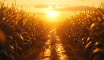 A telephoto lens captures the natural lighting, a dirt road winding through tall corn rows with the sun setting in the background, 