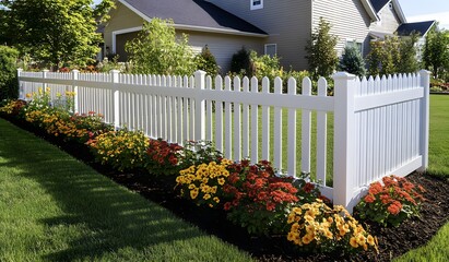 A white picket fence surrounds a garden with flowers in front of a home, in close-up. 