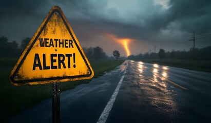 A yellow weather warning sign on the side of an American highway with the text "WEATHER ALERT!" and a tornado in the background, 