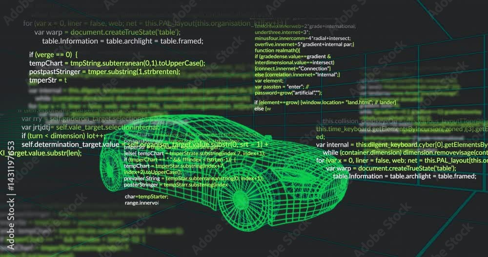 Poster green wireframe 3d car model hovering over scrolling code grid in digital 3d render workspace