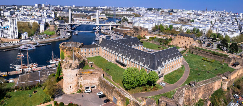 Brest, France. Brittany. aerial drone panoramic view of harbour medieval fortress castle. Brittany's most important maritime cities. view with impressive bridge Pont de Recouvrance