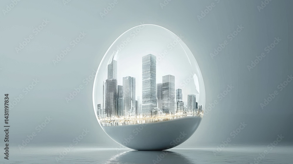 Poster an artistic representation of a cityscape encapsulated in an egg-shaped structure.