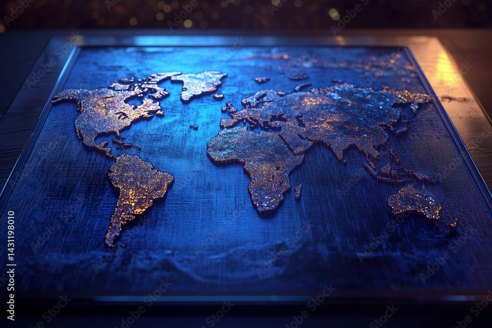 Poster illuminated world map textured surface global connection
