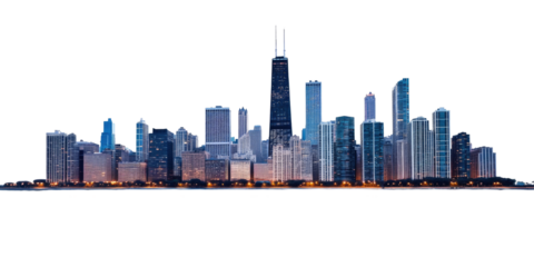 Chicago Skyline at Dusk with Illuminated Skyscrapers and Vibrant City Lights on transparent background