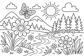 Peaceful Nature Scene Line Drawing