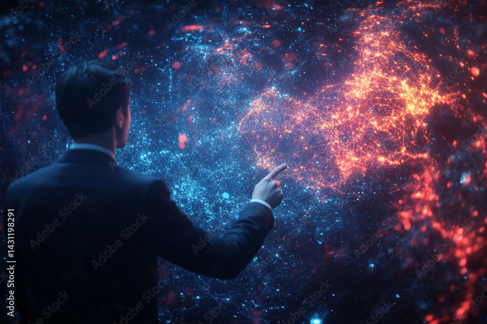 Poster man in suit interacts with a vibrant digital display showing a network of blue and orange light