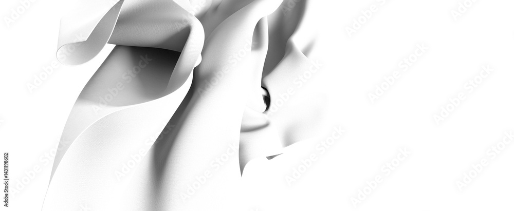 Poster a flowing white fabric drapes gracefully against a black background, creating a soft, abstract compo