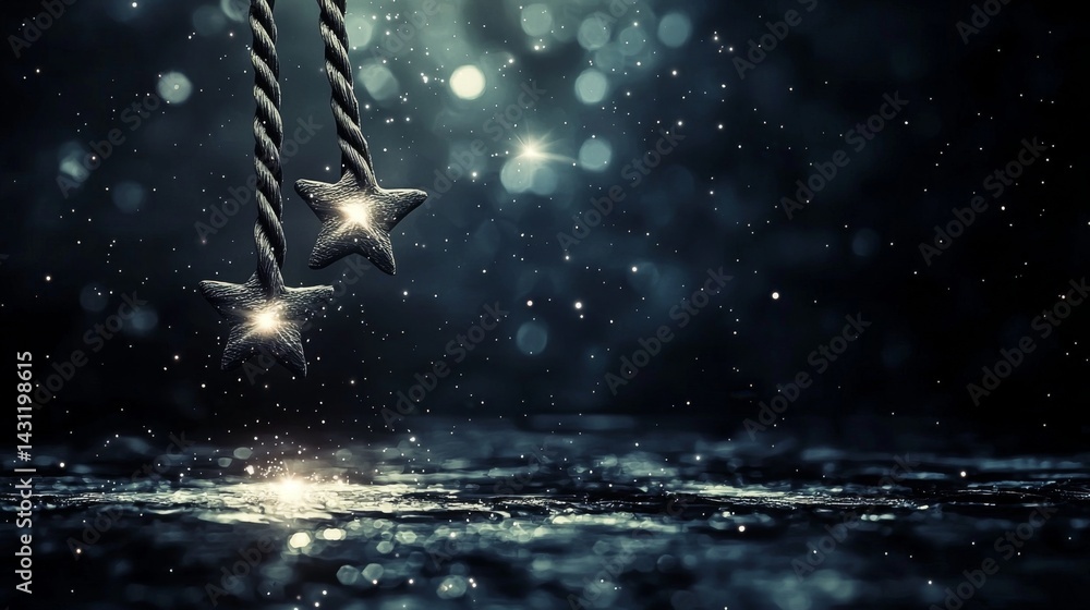 Poster glistening stars hang against a dark backdrop with sparkling bokeh effect.