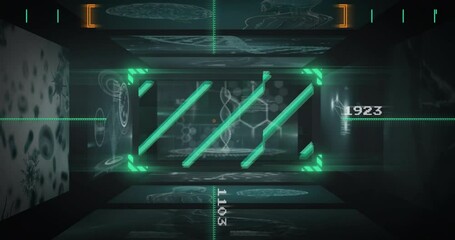 Central HUD frame glowing neon bars highlighting DNA helix in tunnel, featuring biotech panels - Powered by Adobe