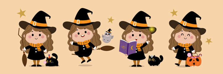 Happy halloween greeting card with cute witch, pumpkin, black cat, and little owl. Holidays cartoon character vector