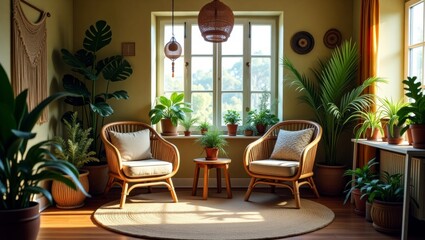 Fototapeta premium Stylish living room with table and chairs in a surreal and vibrant cinematic style, offering a cozy and inviting atmosphere for gatherings