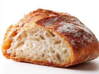 Close up of crusty artisan bread loaf with flour dusting against a white background studio shot food photography