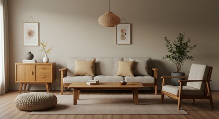 Living Room with Sofa, Chair and Wooden Furniture