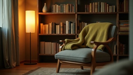 Cozy chair draped with a soft blanket in a warm and inviting living space perfect for relaxation and comfort during leisure moments