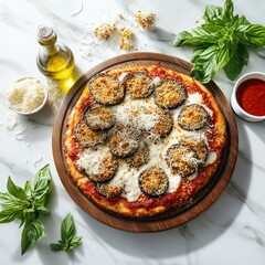 Delicious eggplant parmesan pizza with marinara and fresh basil on a marble surface