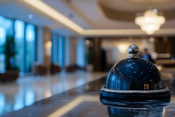 Close-up of a hotel service bell on a marble counter in a luxury reception lobby, with a blurred background and ample copy space.