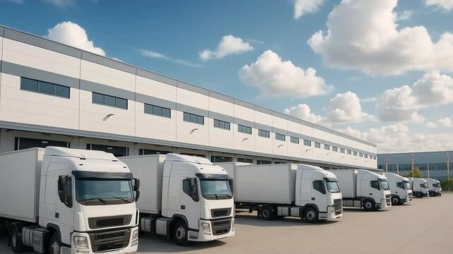 A fleet of delivery trucks stand in line at a large warehouse, ready to deliver their goods. The trucks are sleek, modern and white.