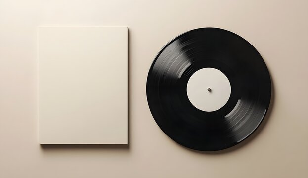 Photo of a vinyl record and a blank white album cover on a beige background, a mockup template for a design presentation.