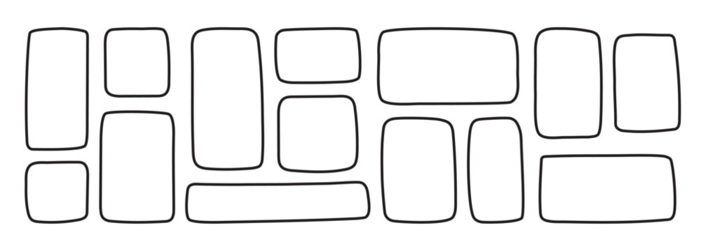 Set of hand-drawn simple white textbox frames with black outlines. Freehand rectangles, squares, irregular shapes in doodle style.