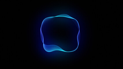 Abstract glowing neon lines forming a blue gradient futuristic 3d shape. Digital technology, big data, artificial intelligence, and virtual assistant concept. Sound waves and audio spectrum. 