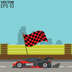 race car on the road with flag