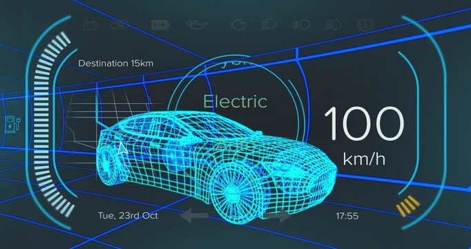 Wireframe sports car being animated over neon grid, displaying electric drive auto mode speed gauge
