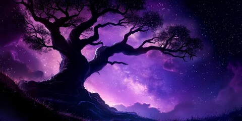Obraz premium A magical fantasy tree stands tall amidst the starry night.