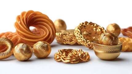 Naklejka premium Assorted Gold Decorative Items in Various Shapes and Textures on White Background