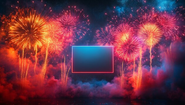 Festive fireworks display with neon frame for celebration template design