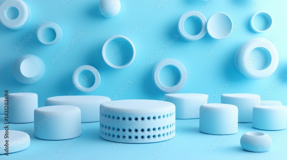 Poster minimalist light blue background with floating geometric shapes and podiums for product display and 